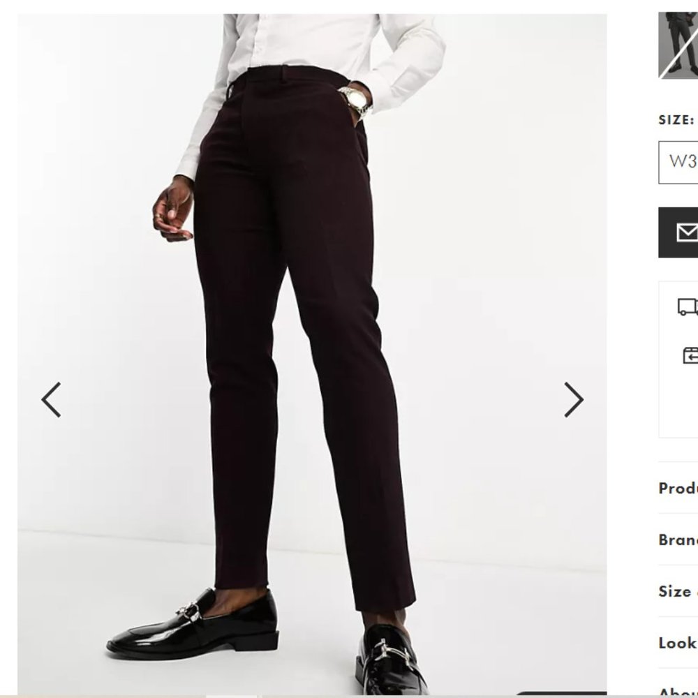 NWT ASOS Design Burgundy Herringbone Wool Blend Suit Pants W34 L34